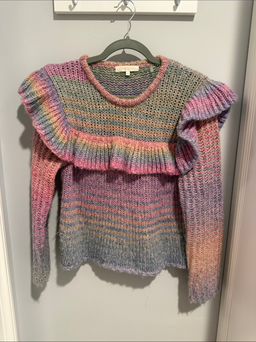 LoveShackFancy Pastel Rainbow Ruffle Knit Sweater
